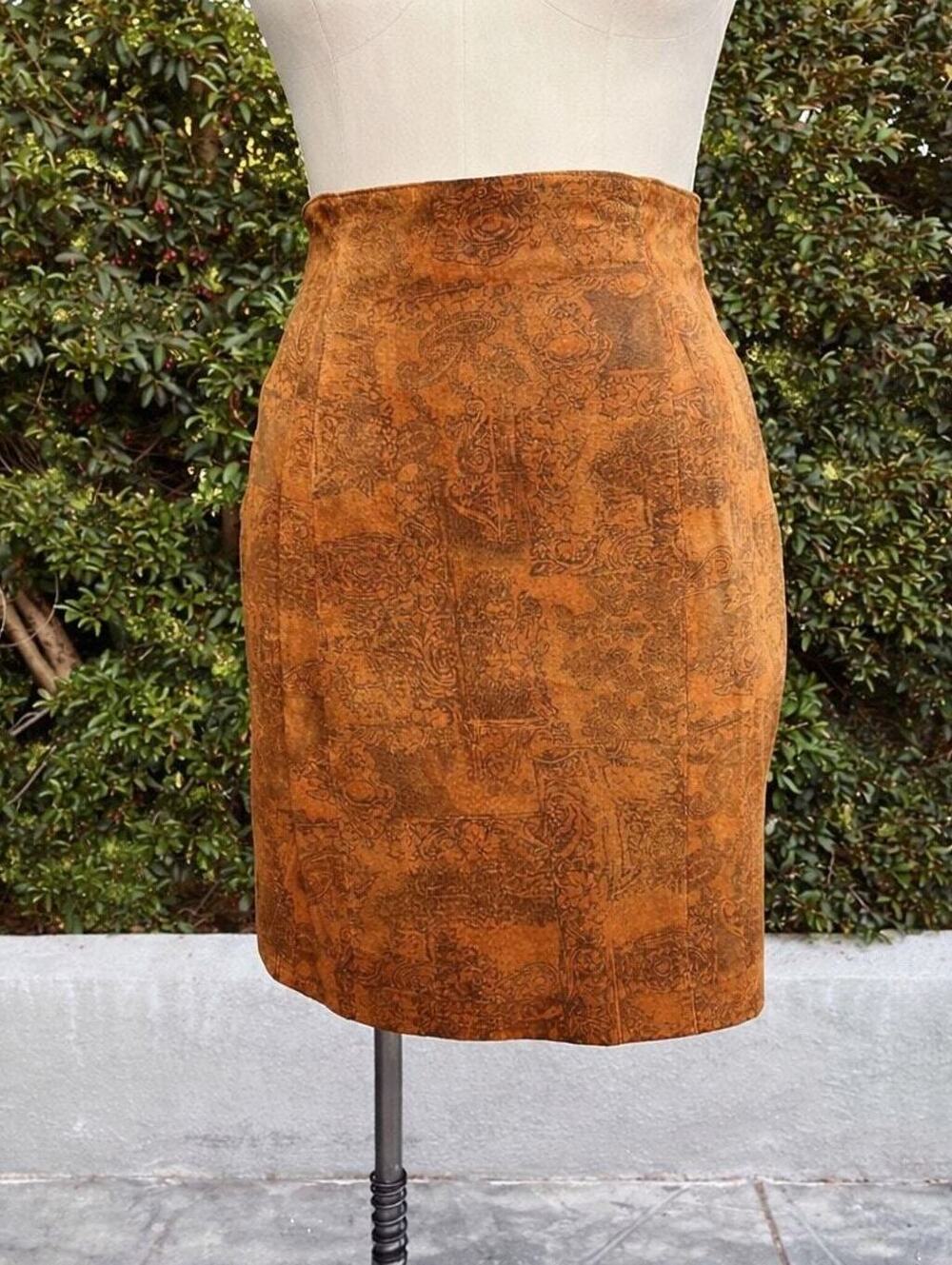 Vintage Wilsons Leather Brown Suede Leather Tapestry Print Mini Skirt NWT Small